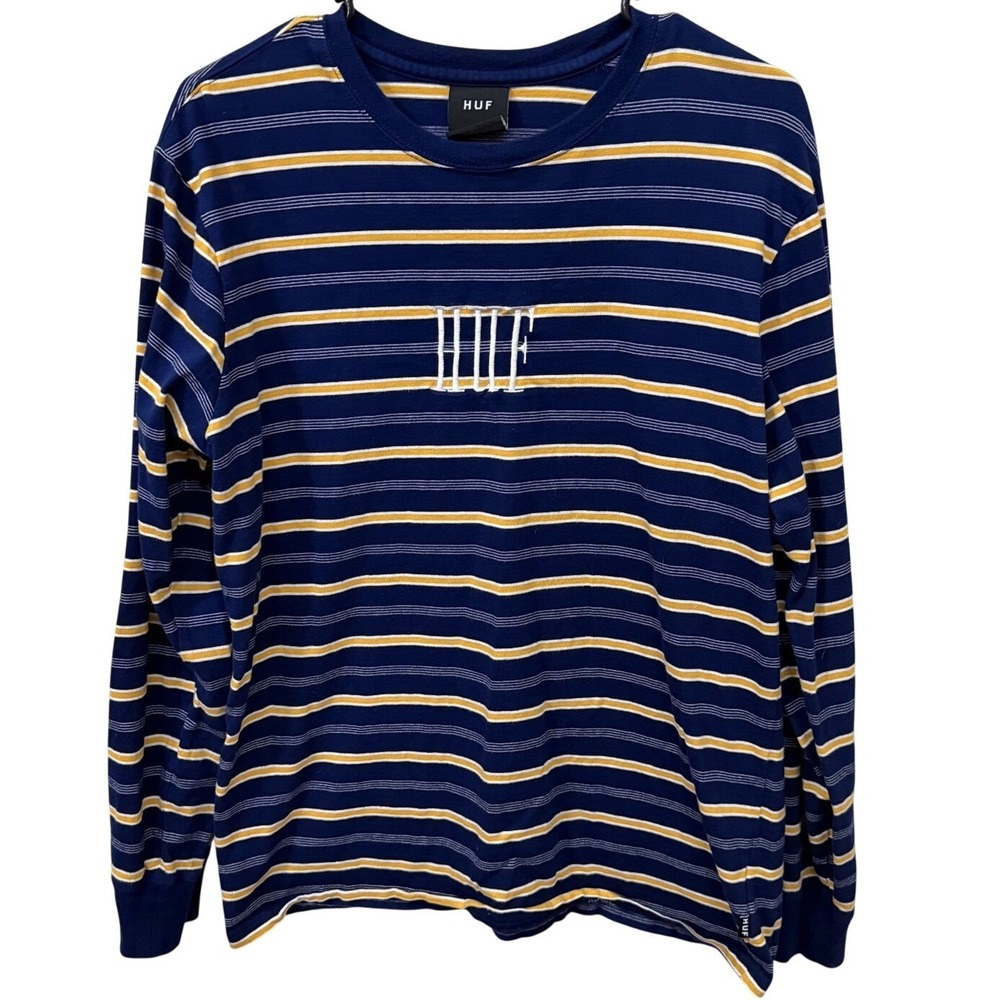 HUF Mens Long Sleeve Striped T-Shirt Navy Yellow White Embroidered Logo Large